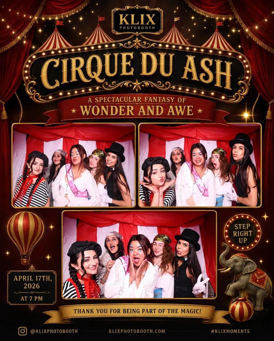 Circus-themed Klix photo booth layout from Cirque du Ash, April 2026 — guests in costume against a red and white big-top backdrop