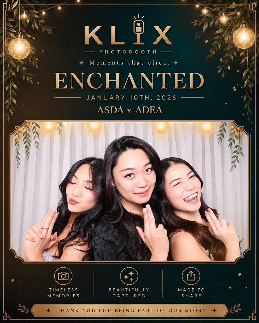 Klix photo booth layout from the Enchanted event, January 2026 — three guests posing against a white curtain backdrop