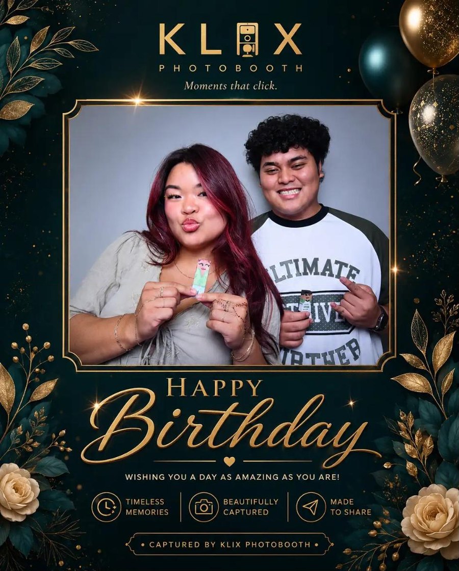 Klix photo booth birthday layout — two guests posing in an Orange County booth against a grey backdrop